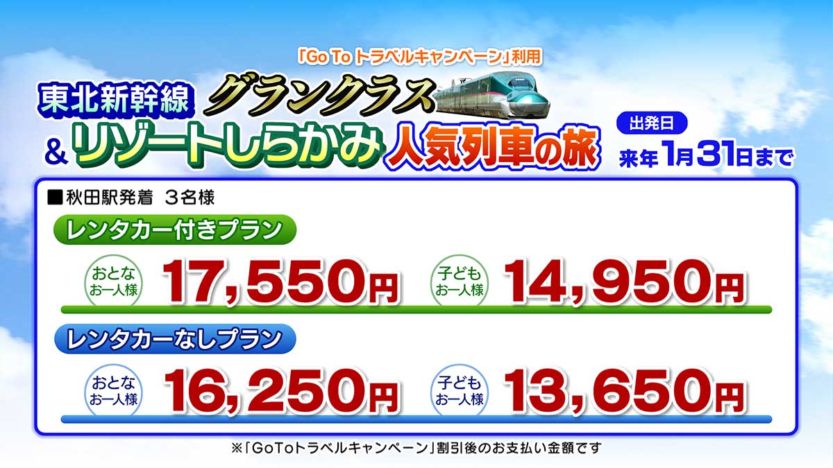 東北新幹線グランクラス＆リゾートしらかみ人気列車の旅　料金表